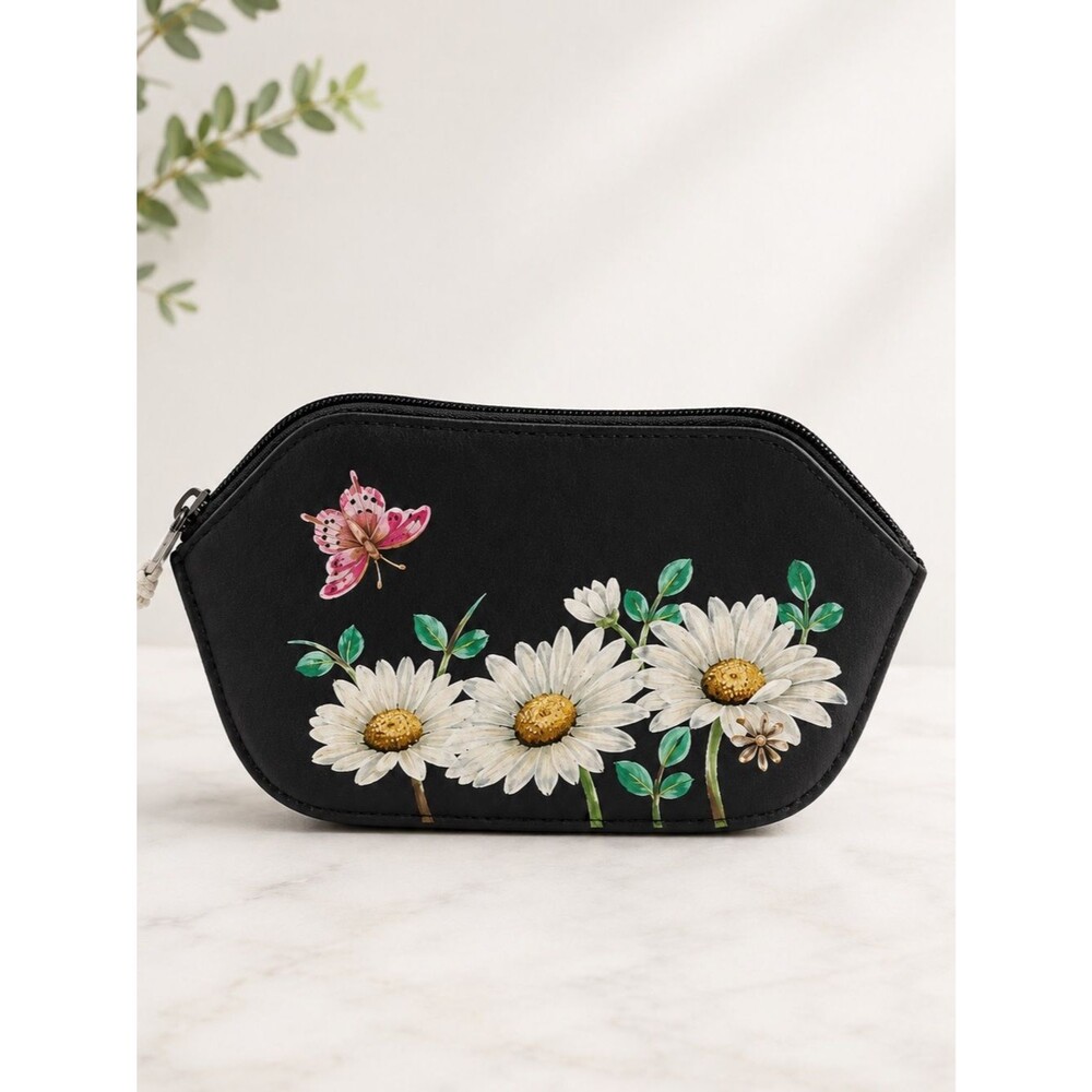 Anuschka Hand Painted Leather Cosmetic Pouch Daisy Butterfly Floral Makeup Bag